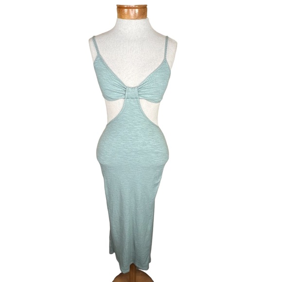 Anthropology Miou Muse Rib-Knit Body-Con Cut-Out Heather Green Maxi Dress XS NWT - Picture 1 of 11